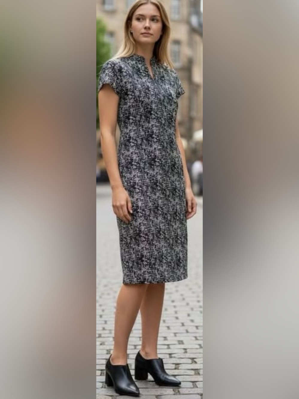 Leggiadro Women’s Short-Sleeve Sheath Dress in Black and White and blue size 10